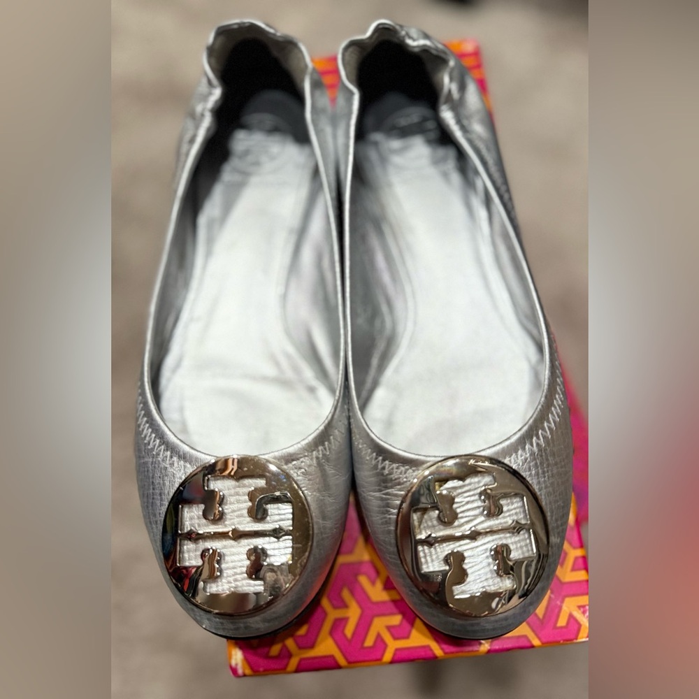 Tory Burch Silver Flats with Logo Accent